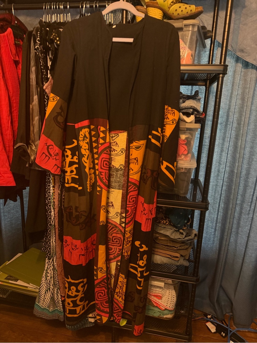 Black Patchwork Maxi Skirt with Red and Mustard Print